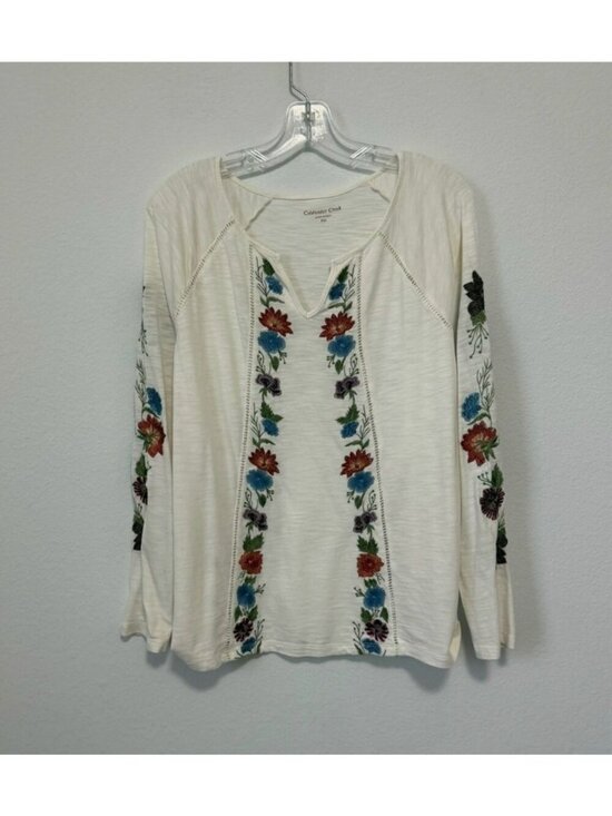 Coldwater Creek Tops - Coldwater Creek Long Sleeve V-Neck 🌺 Floral Embroidered Cream Blouse Size M pet
